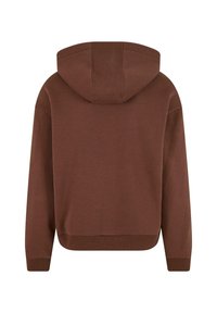 Hoodie in Dunkelbraun mit weichem Material, gerippten Bündchen und Saum sowie einem entspannten Schnitt. Rückansicht, die die Kapuze zeigt.