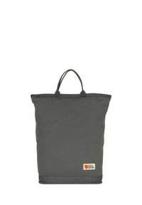 Dunkelgraue Tragetasche mit zwei Griffen, aus strapazierfähigem Stoff gefertigt, mit einer strukturierten Form und einem Logopatch an der Unterseite.