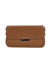 Brun läderclutch med klaffstängning och guldfärgad detalj. Slät yta med sydda detaljer längs kanterna.