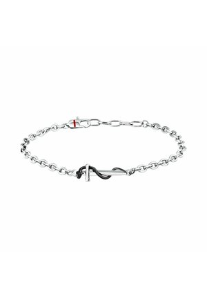 Bracciale a catena in argento con una barra orizzontale in argento avvolta da un dettaglio a forma di serpente nero e chiusura a moschettone.