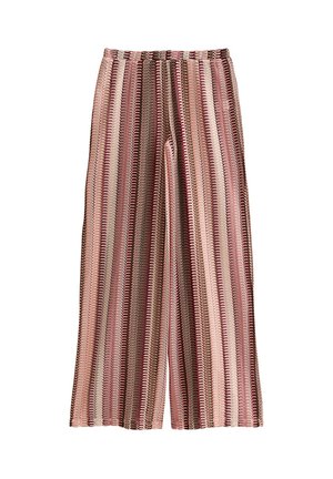 Weit geschnittene Strickhose mit vertikalen Zickzackstreifen in Schattierungen von Rosa, Braun und Creme, ausgestattet mit einem hohen Bund.