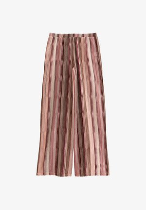 Pantalon en maille à jambes larges avec des rayures zigzag verticales dans des tons de rose, marron et crème, avec une taille haute.