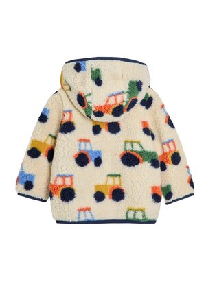 Fleecejacke mit cremefarbenem Hintergrund, die bunte Traktor-Muster in Blau, Rot, Grün und Orange zeigt. Sie hat eine Kapuze und gerippte Bündchen.