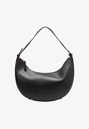 Borsa a spalla in pelle nera con forma arrotondata, texture morbida e finiture in tonalità oro. Presenta una chiusura con zip e un manico corto.