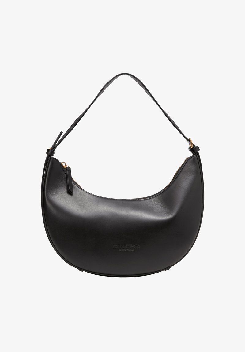 Czarna skórzana torebka na ramię o zaokrąglonym kształcie, gładkiej fakturze i złotych akcentach. Posiada zamek błyskawiczny i krótki uchwyt.