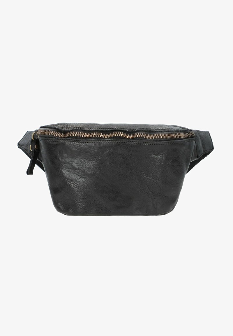 Marsupio nero in pelle con superficie texturizzata, chiusura con zip e tracolla regolabile. Forma ovale compatta, adatta per un uso quotidiano.