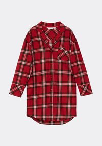 Camicia in flanella a quadri rossi con collo a bottoni, maniche lunghe, taschino sul petto e linee verdi e bianche in contrasto nel motivo.