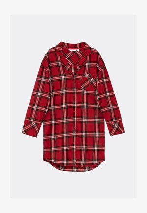 Chemise en flanelle à carreaux rouges avec une fermeture à boutons sur le devant, des manches longues, une poche poitrine et des lignes vertes et blanches contrastantes dans le motif.