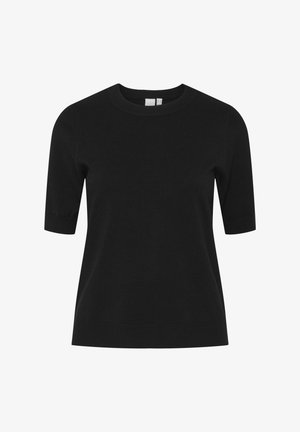 Zwarte korte mouw trui gemaakt van gebreide stof. Heeft een ronde halslijn en ribbels aan de zoom en manchet. Gladde textuur en eenvoudig ontwerp.