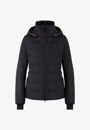 Black insulated jacket with a hood, featuring a front zipper, two side pockets, and elastic cuffs. Smooth fabric with quilted texture.