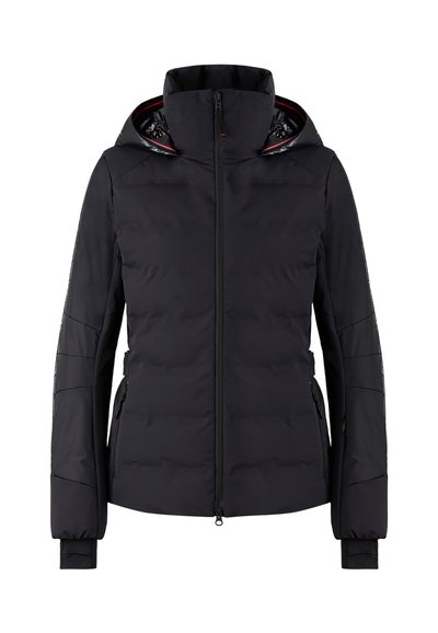 Black insulated jacket with a hood, featuring a front zipper, two side pockets, and elastic cuffs. Smooth fabric with quilted texture.