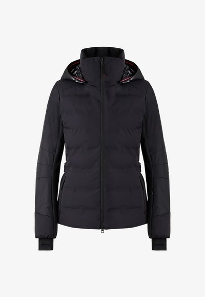 Black insulated jacket with a hood, featuring a front zipper, two side pockets, and elastic cuffs. Smooth fabric with quilted texture.