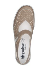 Beige leather shoe with perforated upper, elastic strap, and a white sole. Features a wider fit and "anti-stress" branding on insole.