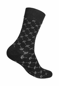 Calzini neri con motivo floreale grigio chiaro. Realizzati in morbido materiale a maglia. Presentano un polsino a coste e una forma contornata per maggiore comfort.