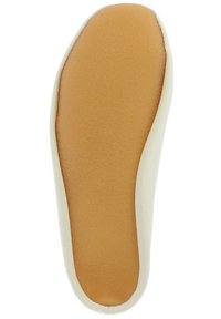 White flexible sole with a smooth surface and tapered edges. Interior features a tan-colored, textured insole for cushioning support.