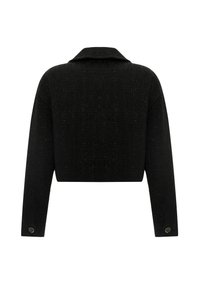 Schwarze verkürzte Jacke aus strukturiertem Stoff, mit Kragen und langen Ärmeln. Enthält metallische Akzente an den Knöpfen der Ärmel.