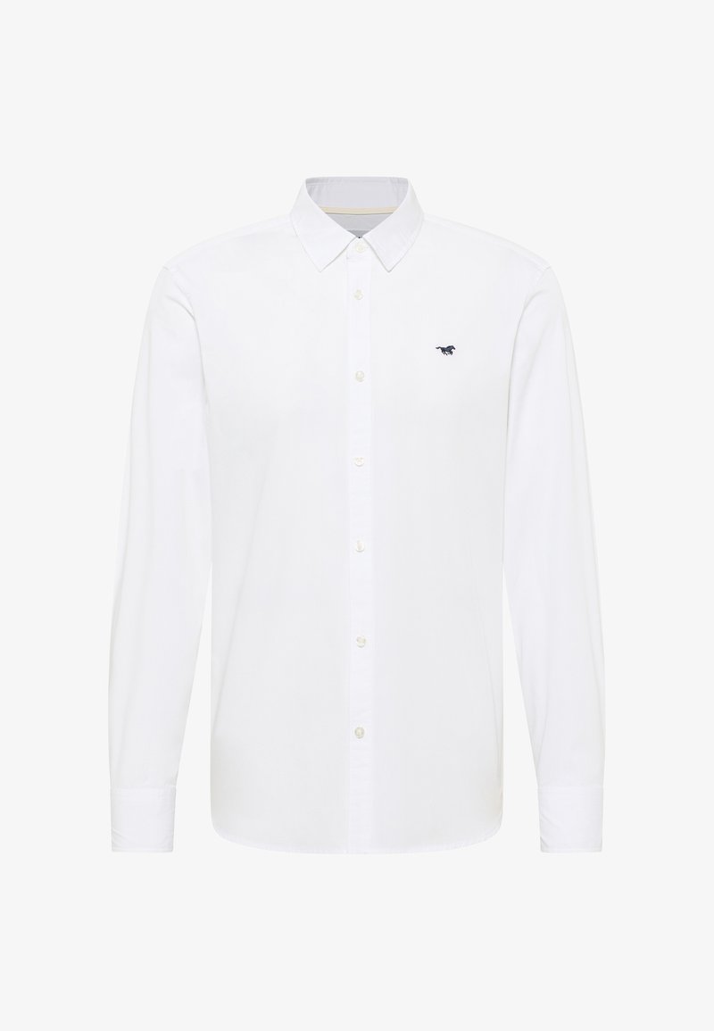 Wit overhemd met lange mouwen, gemaakt van katoen; heeft een klassieke kraag, knoopsluiting aan de voorkant en een klein marineblauw paardlogo op de borst.