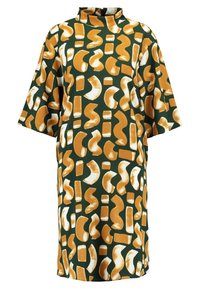 Zelené šaty s abstraktními vzory v hořčicové a smetanové barvě. Krátké rukávy, vysoký límec a volný střih vyrobený z hladké látky.