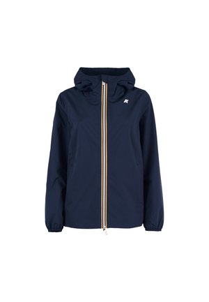 Giacca impermeabile blu navy con cappuccio, zip frontale e polsini elasticizzati; presenta dettagli a strisce gialle e bianche lungo la zip.