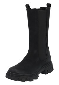 Czarne botki za kostkę z elastycznymi panelami bocznymi, gładki skórzany materiał, solidna gumowa podeszwa z wyraźnym bieżnikiem oraz uchwyty ułatwiające zakładanie.