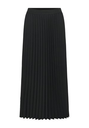 Černá plisovaná sukně střední délky s elastickým pasem a rovnoměrně rozmístěnými svislými sklady na bílém pozadí.