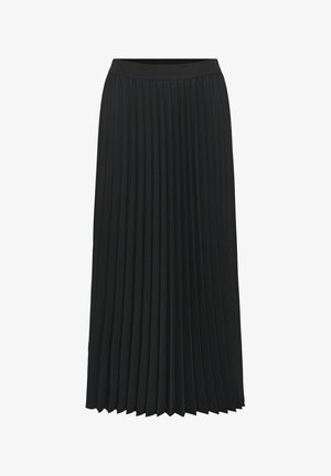 Must mustriline volditud seelik, millel on elastne vöökoht ja ühtlaselt hajutatud vertikaalsed voldid valgel taustal.