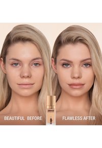 Before-and-after comparison of a face with visible skin texture changes. The product, a foundation, is gold-topped with a clear bottle.