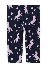 Marineblauwe leggings met een herhaald patroon van lichtroze eenhoorns en harten, gemaakt van rekbare stof met een elastische tailleband.