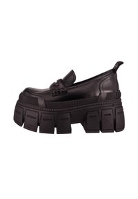 Black platform loafers with a rubber sole, smooth synthetic upper, stitching detail, and a rear pull tab for easy wear.