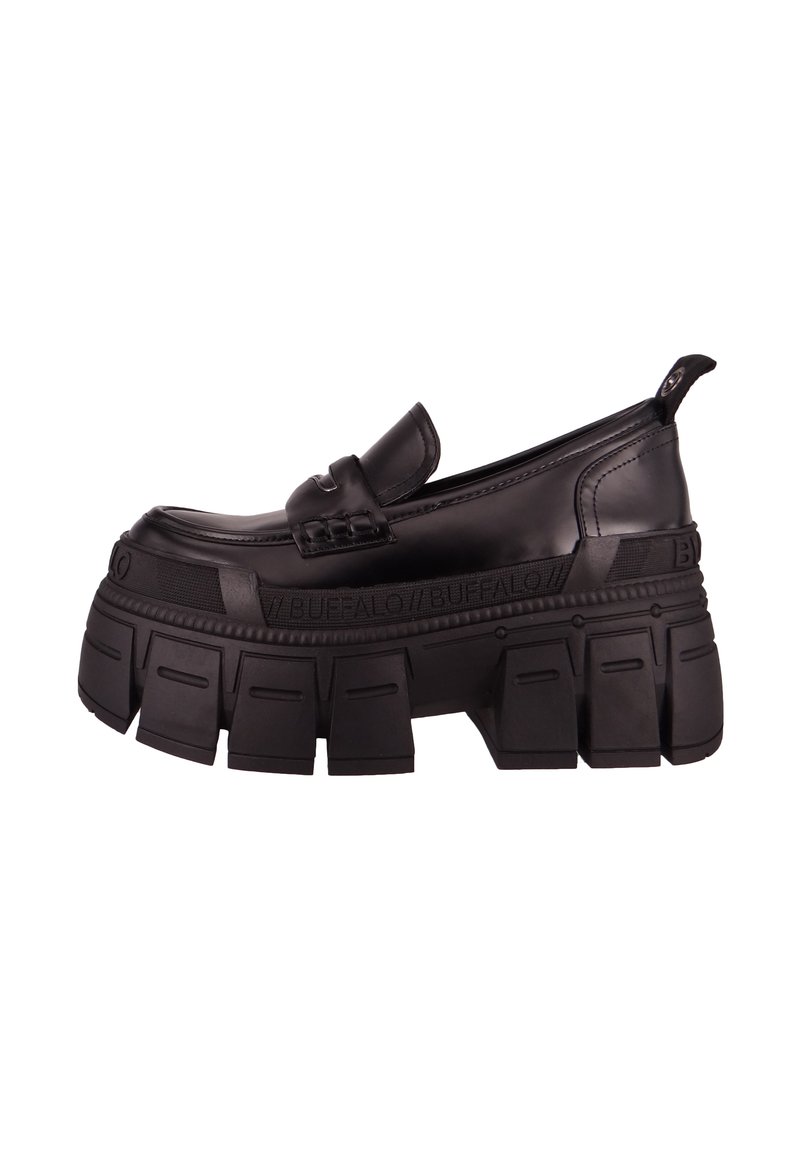Black platform loafers with a rubber sole, smooth synthetic upper, stitching detail, and a rear pull tab for easy wear.
