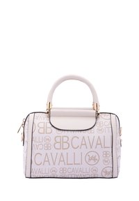 Borsa bianca con dettagli dorati, caratterizzata da un motivo a logo ripetuto, forma strutturata, doppi manici e chiusura con zip. Texture liscia.