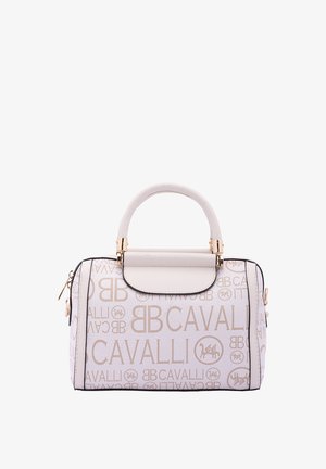 Borsa bianca con dettagli dorati, caratterizzata da un motivo a logo ripetuto, forma strutturata, doppi manici e chiusura con zip. Texture liscia.