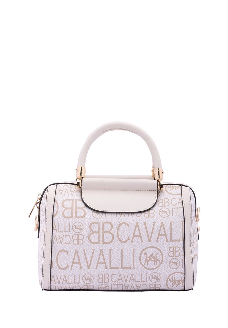 Borsa bianca con dettagli dorati, caratterizzata da un motivo a logo ripetuto, forma strutturata, doppi manici e chiusura con zip. Texture liscia.