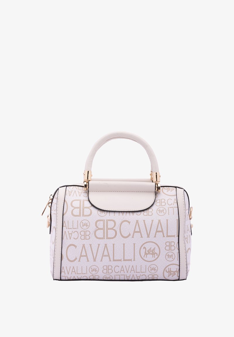 Borsa bianca con dettagli dorati, caratterizzata da un motivo a logo ripetuto, forma strutturata, doppi manici e chiusura con zip. Texture liscia.