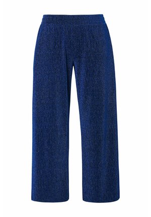 Wide-leg pants in dark blue with a textured, slightly shimmering finish. Elastic waistband for comfort and ease of wear.