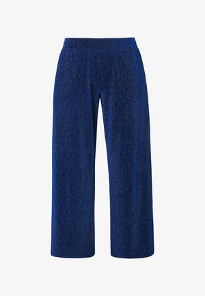 Vaatteet leveälahkeiset housut tummansiniset, joissa on teksturoitu, hieman kiiltävä pinta. Elastinen vyötärö mukavuutta ja helppokäyttöisyyttä varten.