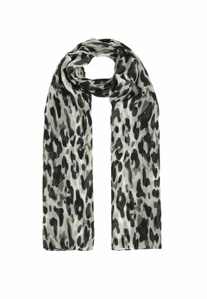 Lightweight scarf with black and gray leopard print pattern, loosely folded with open ends visible.
