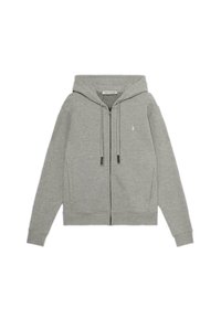 Grå zip-up hoodie av bomullsmaterial, med en dragsko i huvan, långa ärmar, ribbade muddar och en liten logotyp på bröstet.