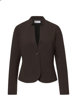 Blazer marron foncé texturé à manches longues, fermeture à un bouton, col montant, taillé pour une silhouette ajustée.