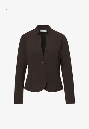 Blazer marron foncé texturé à manches longues, fermeture à un bouton, col montant, taillé pour une silhouette ajustée.
