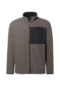 Fleece jacket in brown textured fabric with a black zippered chest pocket and high collar. Features a front zipper and elastic cuffs.