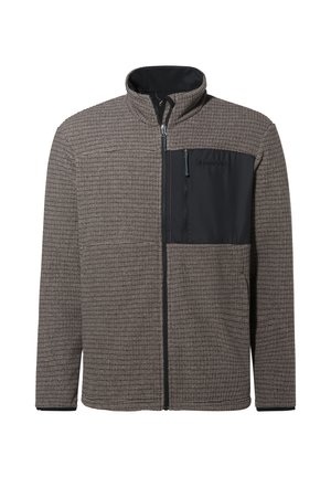 Fleece jacket in brown textured fabric with a black zippered chest pocket and high collar. Features a front zipper and elastic cuffs.