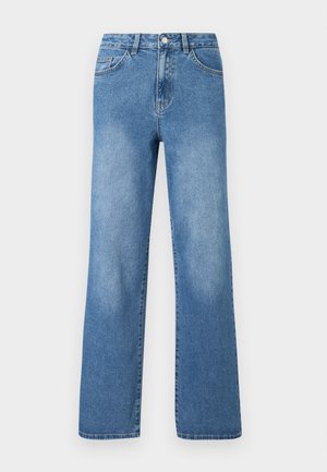 Jeans en denim bleu clair avec une taille haute, un design à jambes larges, cinq poches et des détails de couture visibles. Texture lisse avec un léger délavage.