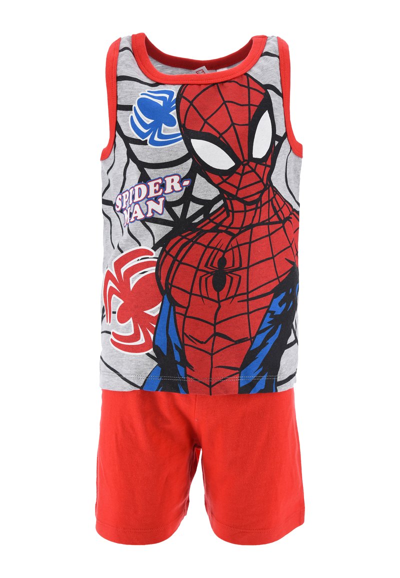 Children's Spiderman outfit featuring a gray tank top with red accents and graphic design, paired with solid red shorts. Cotton material.