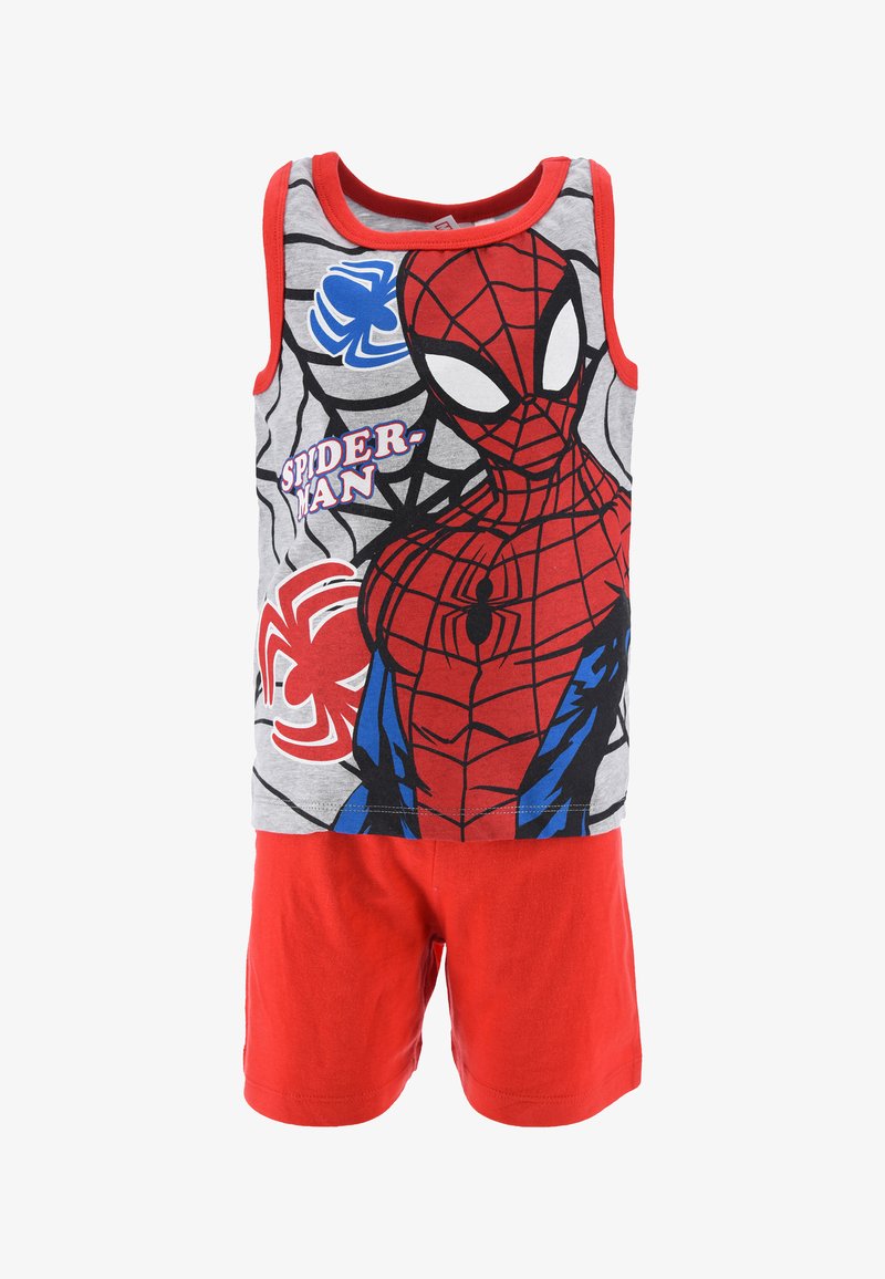 Kinder-Spiderman-Kostüm mit einem grauen Tanktop mit roten Akzenten und grafikdesign, kombiniert mit einfarbigen roten Shorts. Aus Baumwollmaterial.