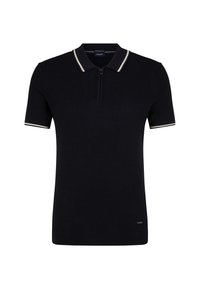 Polo shirt nera con colletto con zip, tessuto testurizzato e strisce beige a contrasto sul colletto e sulle maniche. Presenta un piccolo dettaglio del logo.