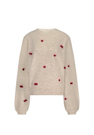 Beige cropped sweater with long sleeves, featuring red and pink pom-pom cherry designs distributed across the front. Soft texture.