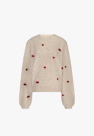 Beige cropped sweater with long sleeves, featuring red and pink pom-pom cherry designs distributed across the front. Soft texture.