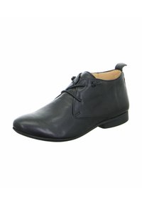 Schwarzer Lederschuh mit glatter Oberfläche, runder Zehenform und minimalistischem Schnürverschluss. Verfügt über einen kleinen Absatz und ein weiches Innenfutter.