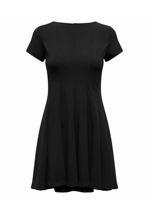 Rochie neagră cu mâneci scurte, lungime până la genunchi, cu corset ajustat și fustă evazată, având detalii subtile cu cusături verticale.